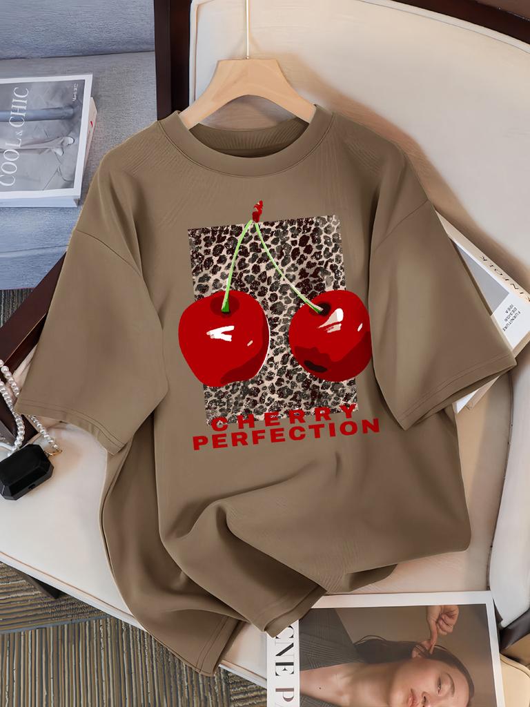 Fashion Leopard And Cherry Perfection Pattern T Shirt Women Summer Soft Tops Cotton All-Match Short Sleeve O-Neck Loose T-Shirts