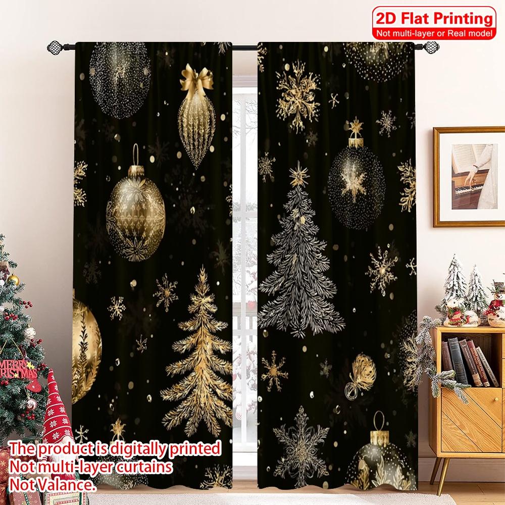 

2D flat printing 2pcs Merry Christmas Window Curtains Golden Snowball Black Christmas 100% Polyester Without Electricity 52.50×116.00 CM 2pcs