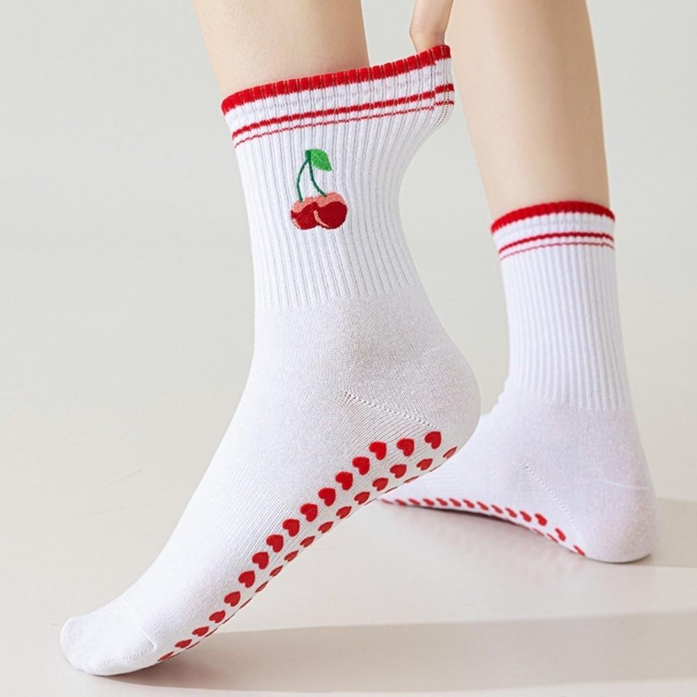 2pairs Embroidery Pilates Socks Cherry Pattern Non-Slip Socks Comfortable Women Yoga Socks Indoor