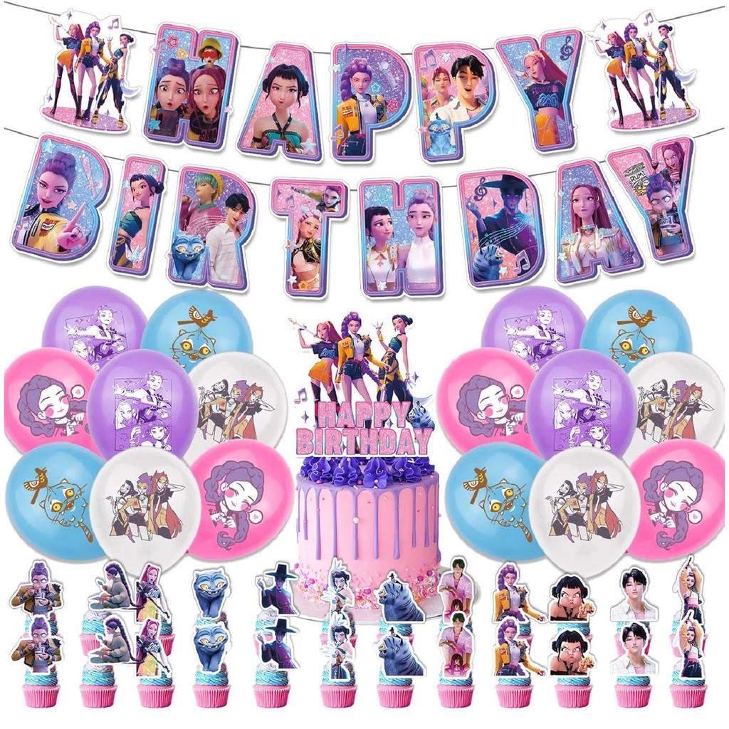 K-pop Demon Hunters Party Favors Cupcake Toppers Anime Demon Hunting Card Group Postcard Stickers Banner Balloon Christmas