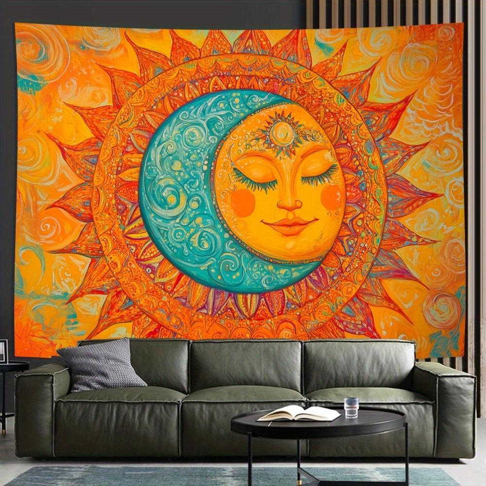 VIKAMA Hollywood Art Tapestry Sun and Moon Faces with Neon Starbursts Living Room Café BohemianStyle Home Decor