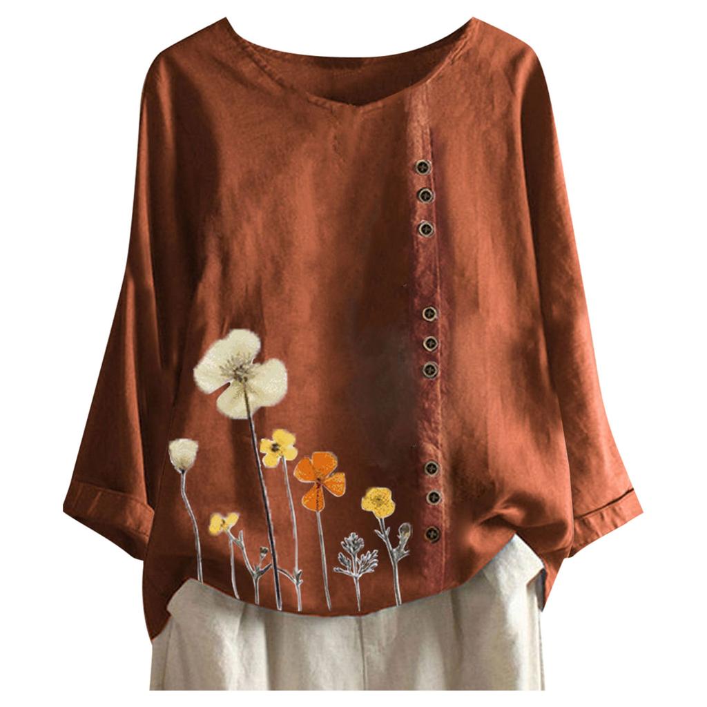 Women Casual Floral Print Long Sleeve Button  Loose T-Shirt Top Blouse