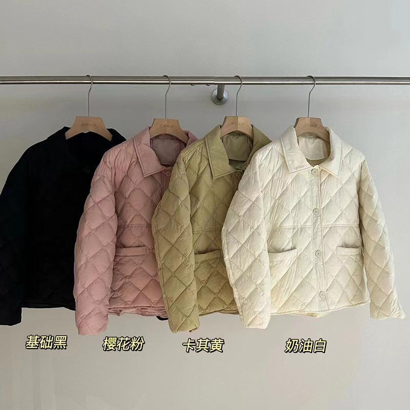 High-end White Duck Down Rhombus Down Jacket Women's Short 2024 Winter New Fashion Lapel Lightweight Shirt Collar Warm Outside