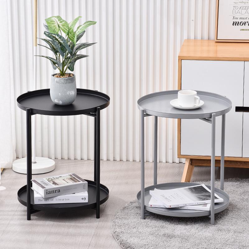Nordic Creative Wrought Iron Coffee Table - Modern Minimalist Small Round Side Table with Double Layer Tray for Living Room or Balcony
