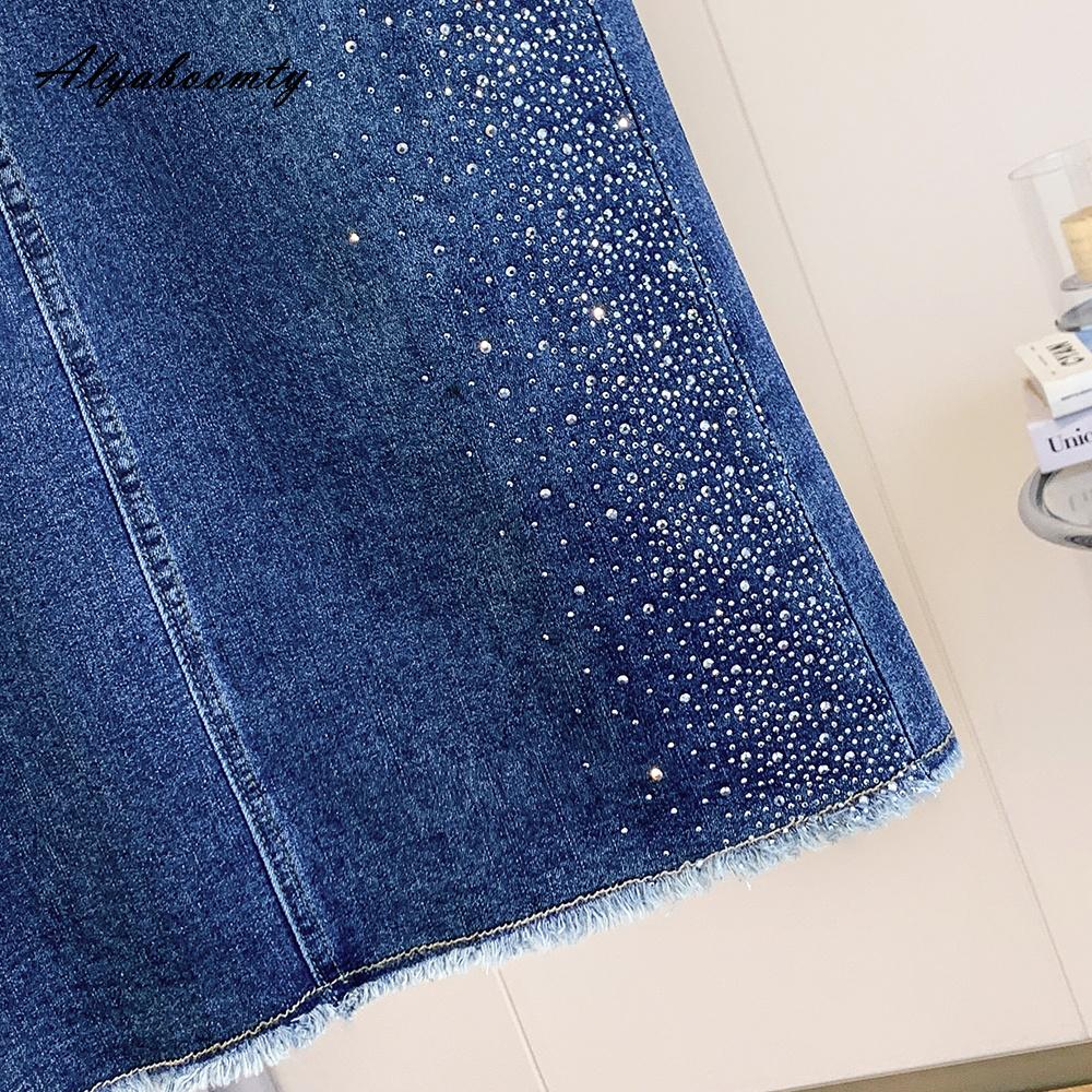 Korean Style Plus Size Spring Summer Women Denim Skirt High Waist Diamonds Tassel Office Lady Stretchy Skirt Elegant Feminine Split Straight Skirts