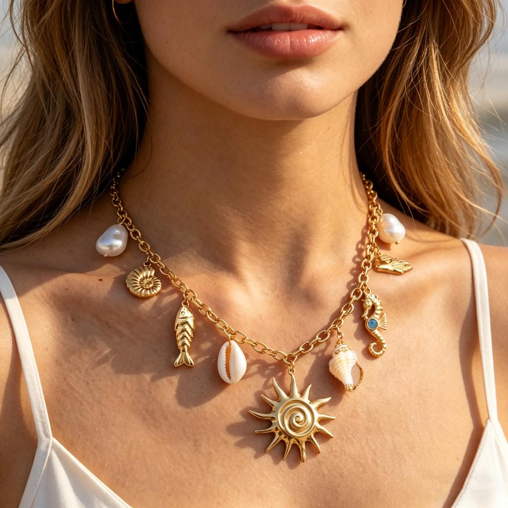 Summer Ocean Series Conch Shell Seahorse Fish Sun Necklace for Women, 18K Gold Plated Stainless Steel Charm Jewelry Gifts