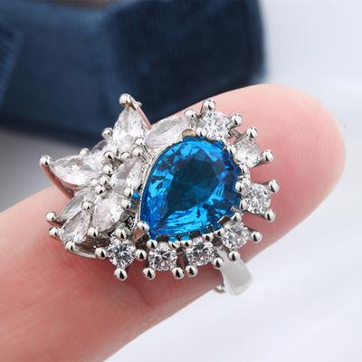 High Order New Sapphire Drop Shaped Open Ring Female Bright Shiny Zircon Net Red Hot Sell Banquet Style To Send Jewelry