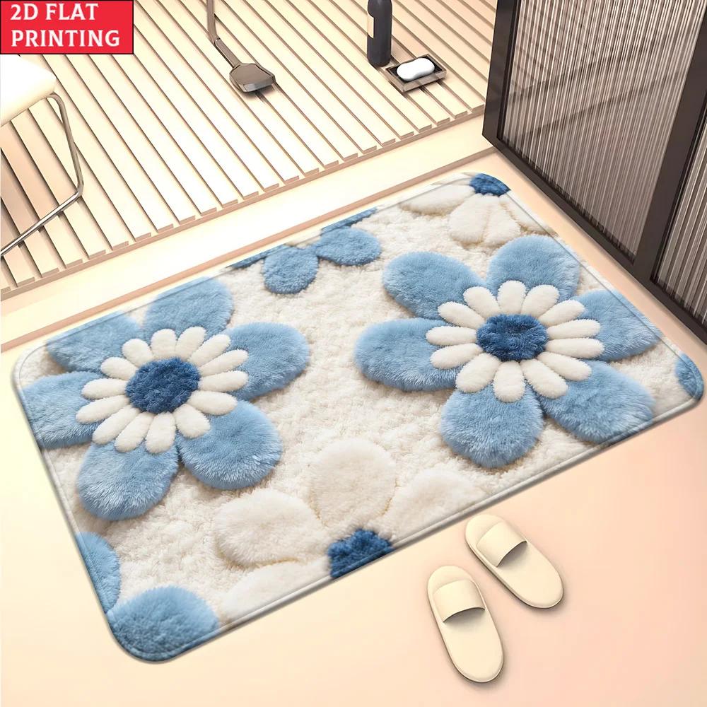 1pc 2D Flat Blue Floral Bathroom Entryway Area Rug, Non‑Slip Decor Floor Mat for Bathroom Indoor Use