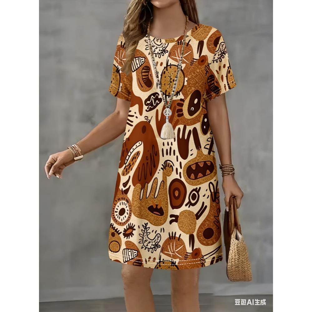 Mini-Kleid mit Rundhalsausschnitt ist für den Sommer und alle Jahreszeiten geeignet.. Es hat einen lockeren Schnitt.