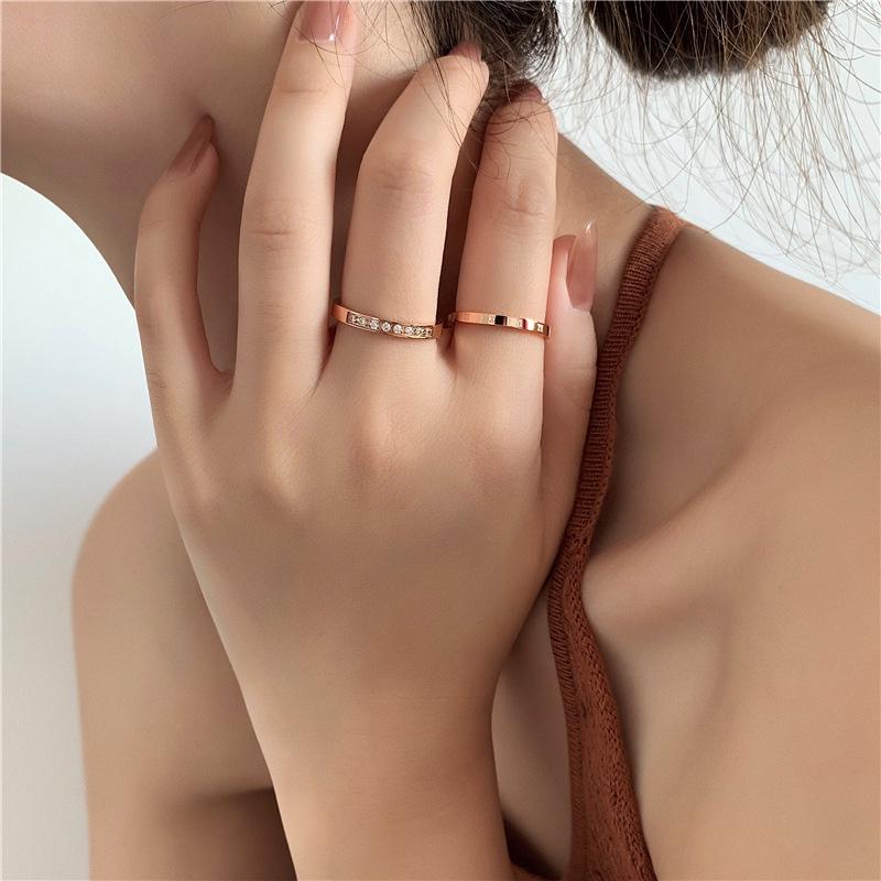 2-Piece Korean Style Micro-Pavé Diamond Roman Ring Set for Women - Simple, Fashionable Combination