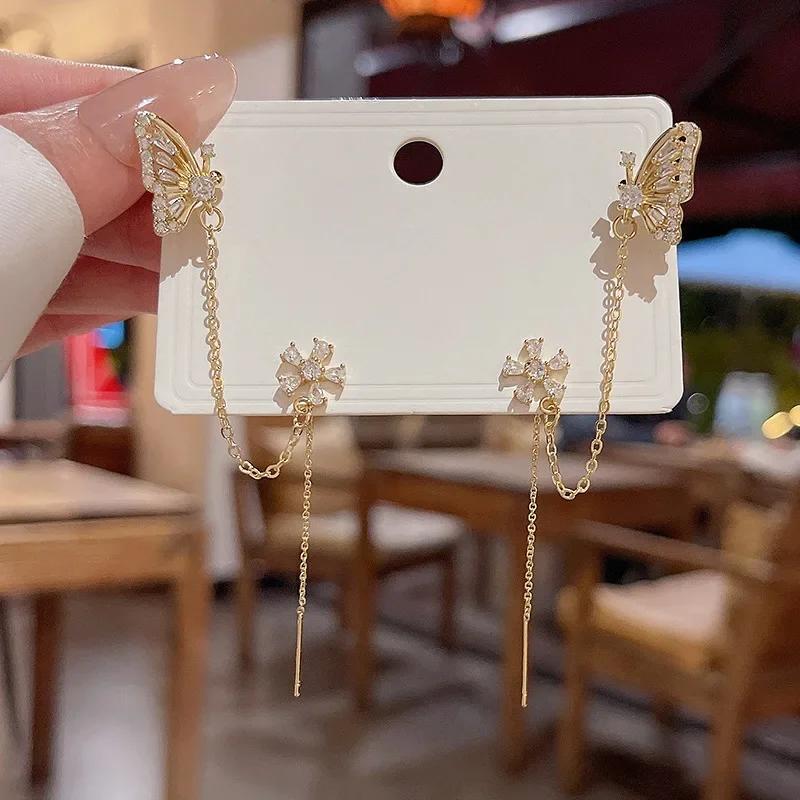 New Fashion Cute Crystal Butterfly Ear Cuff Clip Earrings for Women Charm Tassel Chain Flower Stud Earring Bride Luxury Jewelry