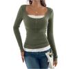 Women's Fashionable Round Neck Patchwork Lace Button Slim Fit Long Sleeved Pullover Top