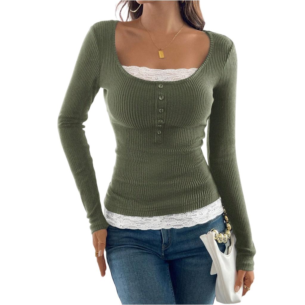 Women's Fashionable Round Neck Patchwork Lace Button Slim Fit Long Sleeved Pullover Top