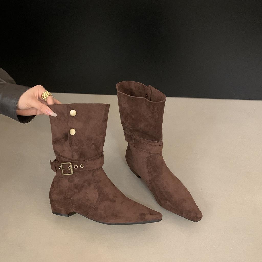 Vintage Pointed Thick Heel Skinny Boots Women's Season Two Wear Belt Buckle Martin Boots Western Boots Short Boots