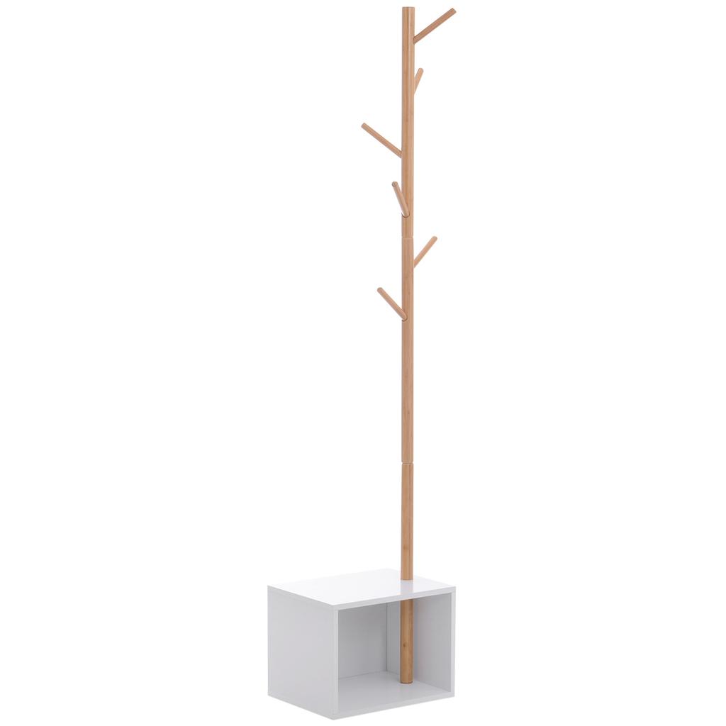2-in-1 Coat Rack and Storage Unit, White MDF, Solid Wood & Bamboo, 40x30x180cm