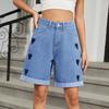 Summer Women Denim Shorts Mid Waisted Knee Length Stretchy Casual Wide Straight Leg Distressed Cuffed Jeans Short Pants with Pockets