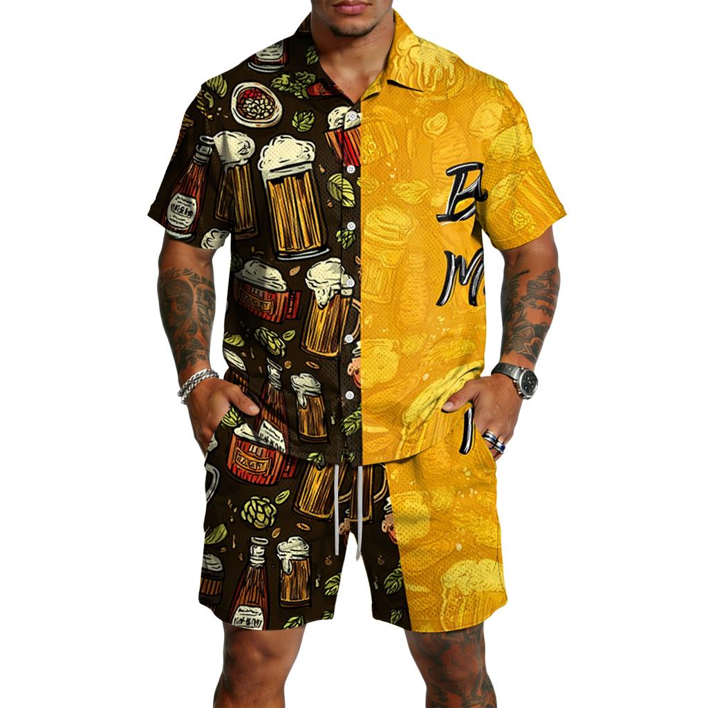Conjunto de 2 piezas para hombre: Top casual ligero y transpirable de manga corta con estampado y pantalones cortos con cordón para verano