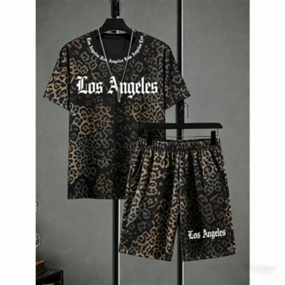 Men's Set Letter Leopard Colorful Printed Men's T-shirt and Shorts 2 Piece Set Summer Casual Outdoor Men's and Women's Outfit Clothing