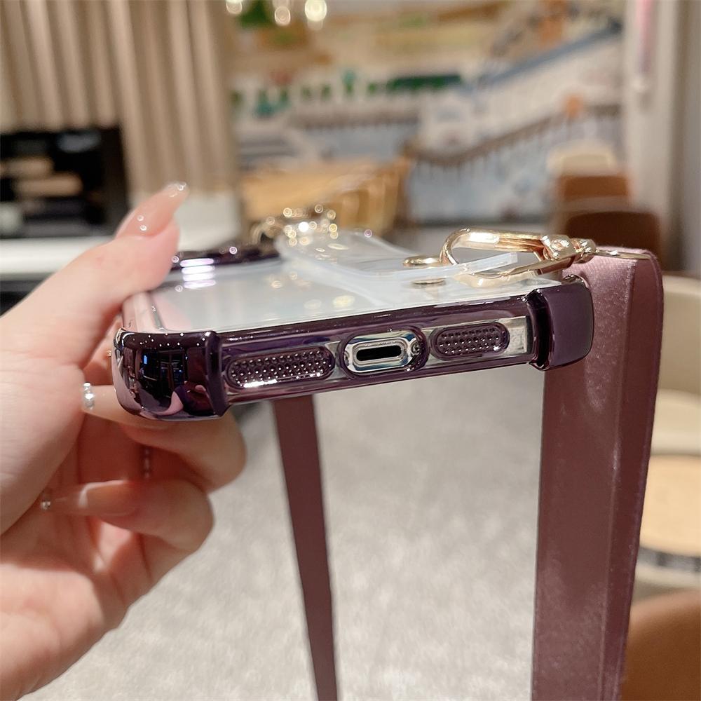 Luxury Plating Wristband Crossbody Lanyard Clear Hard Case For iPhone 16 15 14 Pro Max 13 12 11 XS X XR Transparent Soft Cover