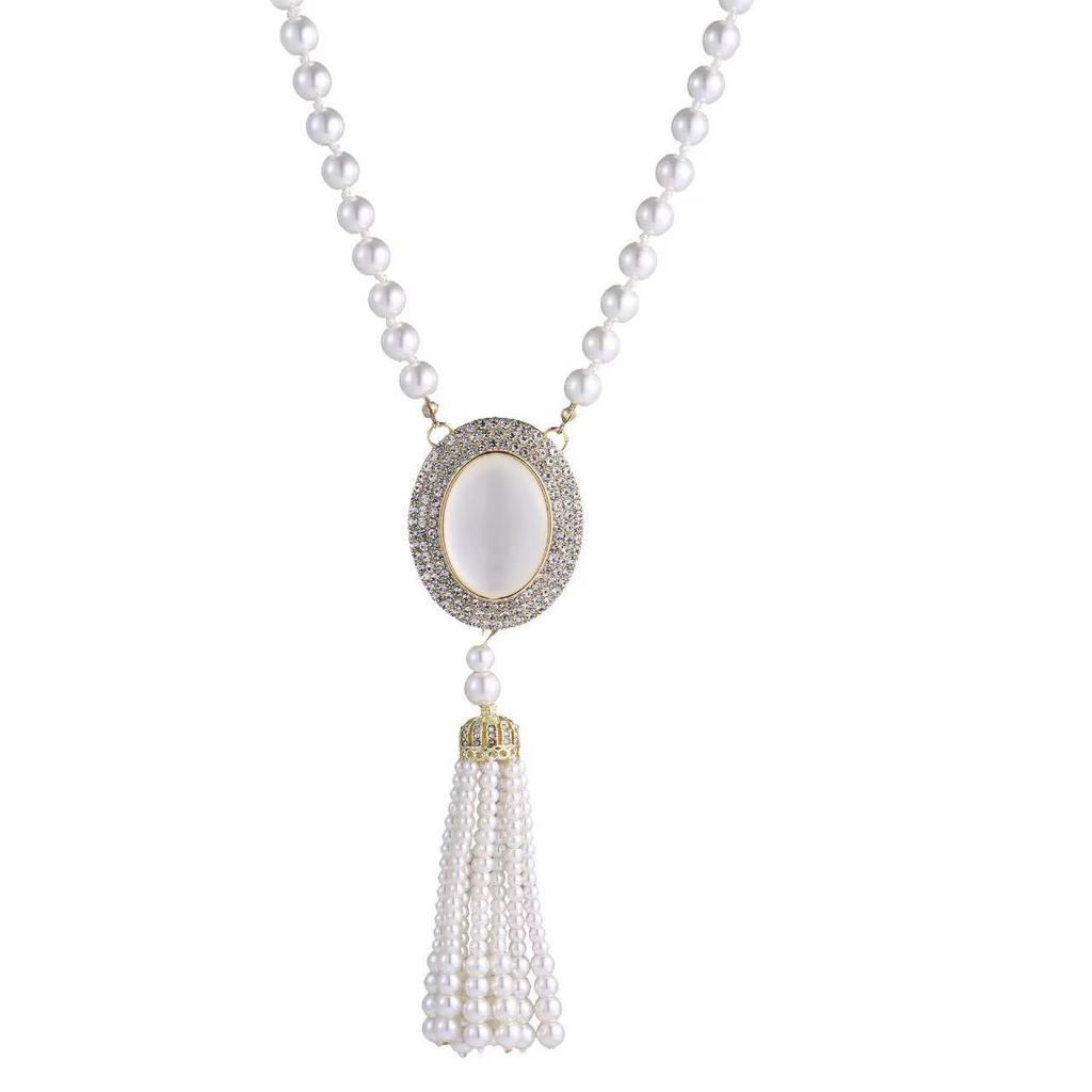 New Luxury Oval Cat's Eye Stone Pearl Sweater Necklace Pendant