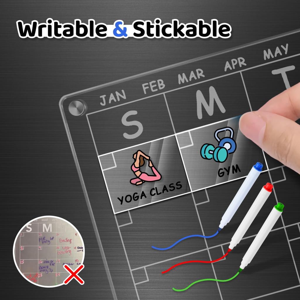 Acrylic Calendar for Fridge with 3 Packs Stickers & 3 Markers - Clear Magnetic Calendar for Refrigerator, Dry Erase Calendars for Fridge Whiteboard,