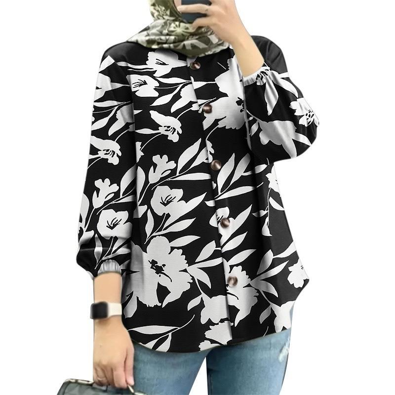 Plus Size Women's New Fashion Puffed Sleeve Floral Shirt