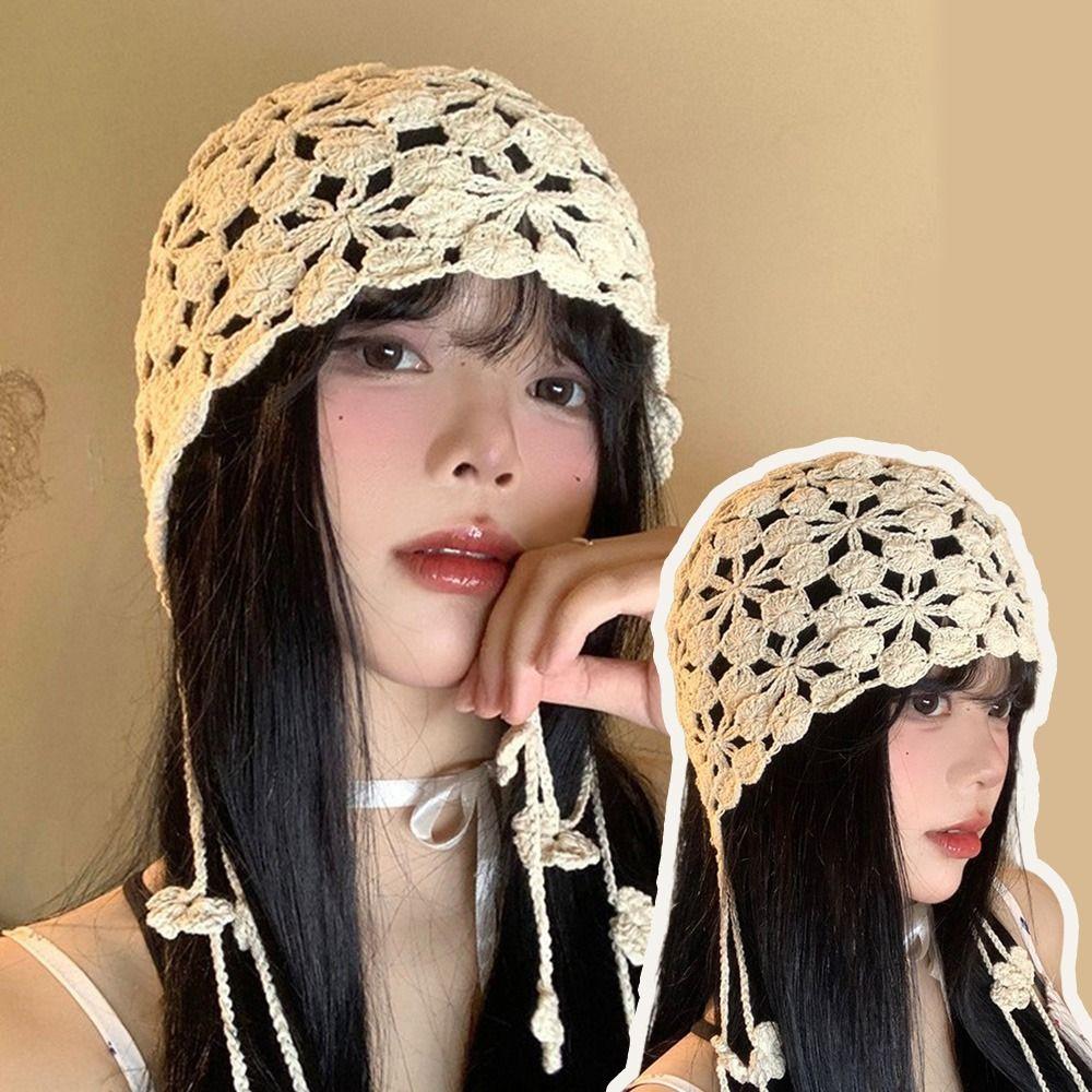 Bohemian Style Hand-knitted Hollow Flowers Hat Elegant Crochet Cute Beret Cap Soft Fringed Women Hat for Women Photography