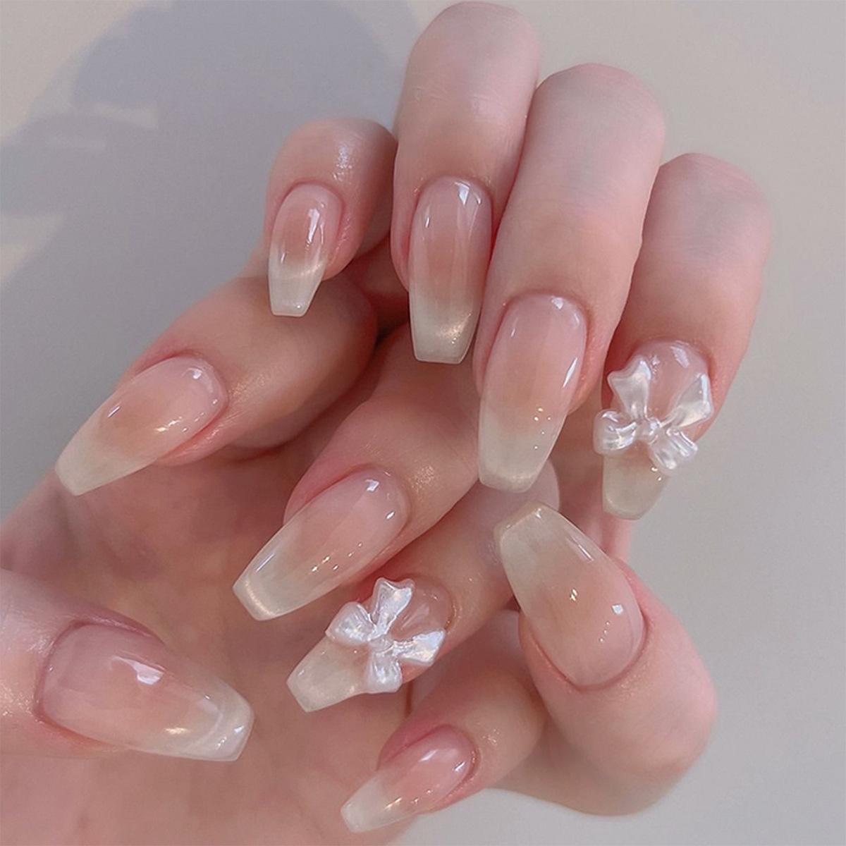 Sweet Blush 3D Rhinestone Bow Cat Eye Ballerina Press-On Nails