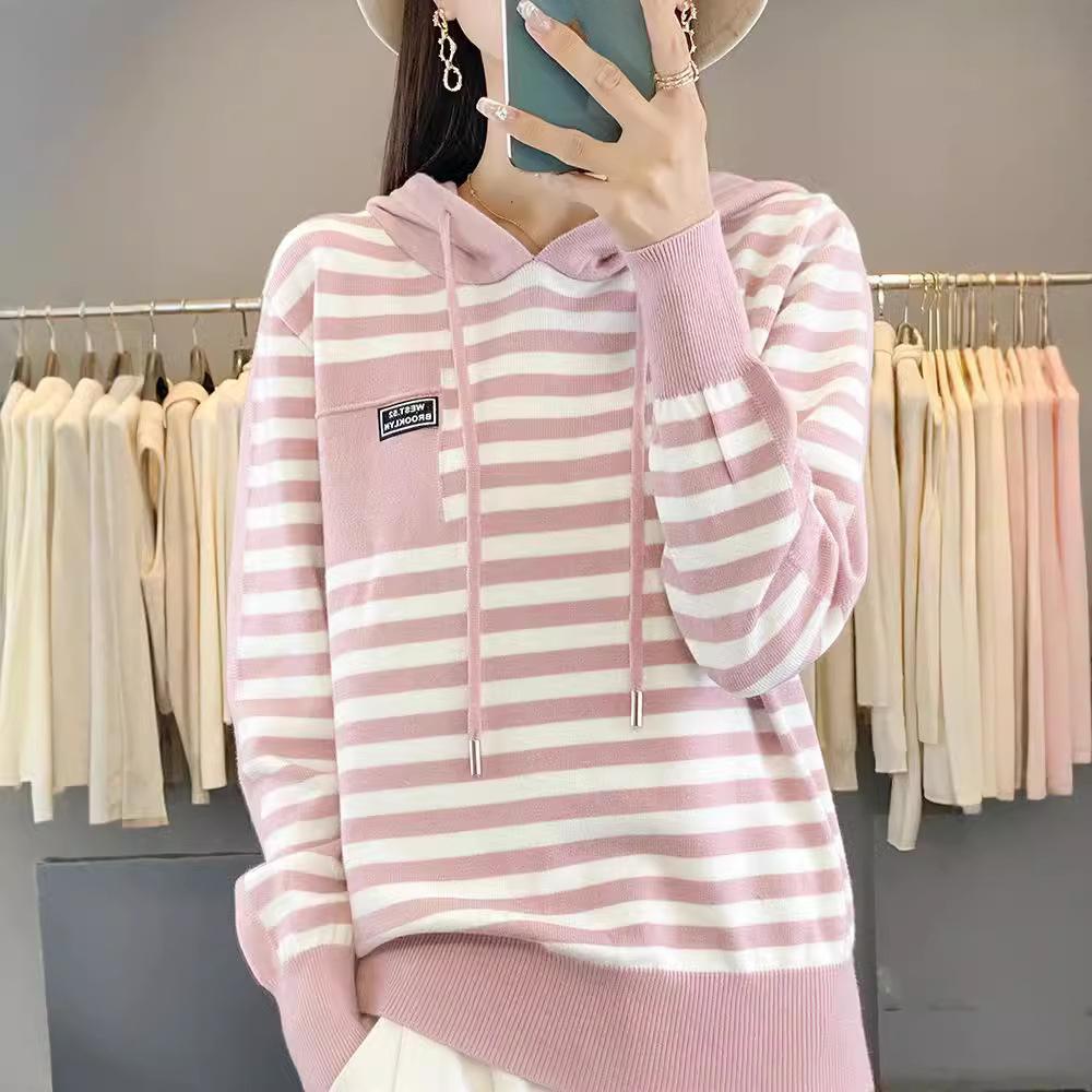 Autumn Fashion Hooded Sweater Women's Striped Colorblocking Casual Hooded Knit Top