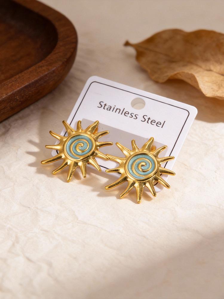 Creative Blue Glazed Sunflower Earrings Women s Stainless Steel Stud Earrings Gold Plated Statement Party Jewelry Gift