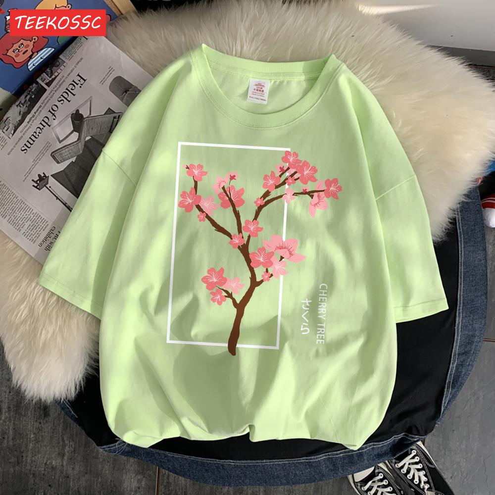 Cherry Tree In Full Bloom T-Shirt Men'S Shoulder Drop Retro T Shirts Fashion Originality Tshirt Normcore Loose Short Sleeved
