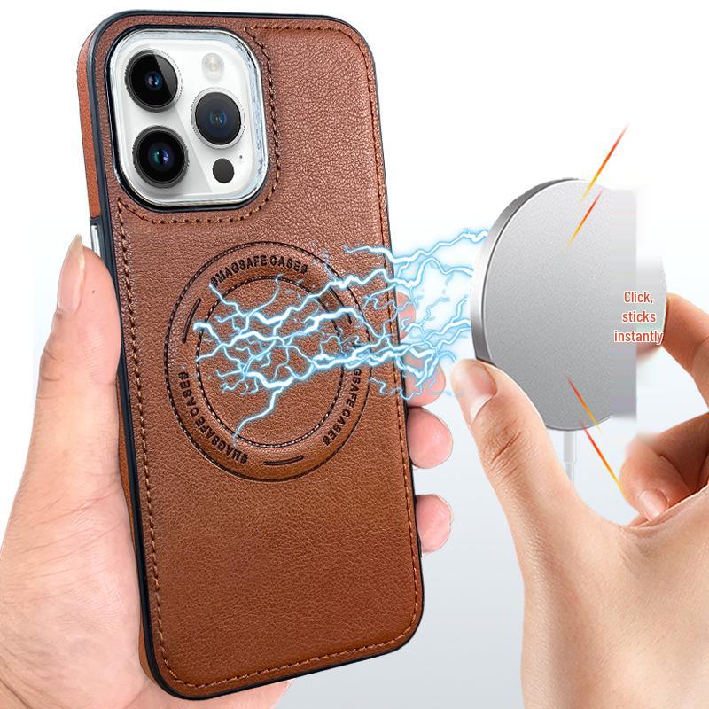 Leather Magnetic Protective Case with Wireless Charging for iPhone 15 Pro Max