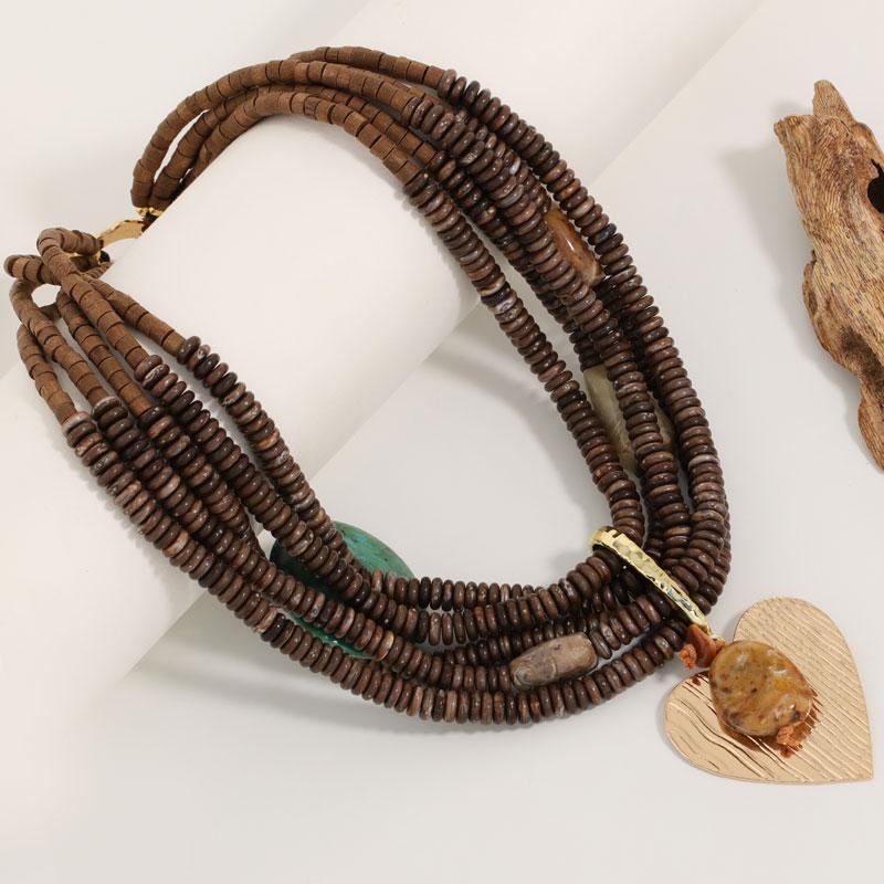 Statement Beads Necklace with Heart Pendant Multi-layer Handmade for Women Trendy Party Jewelry