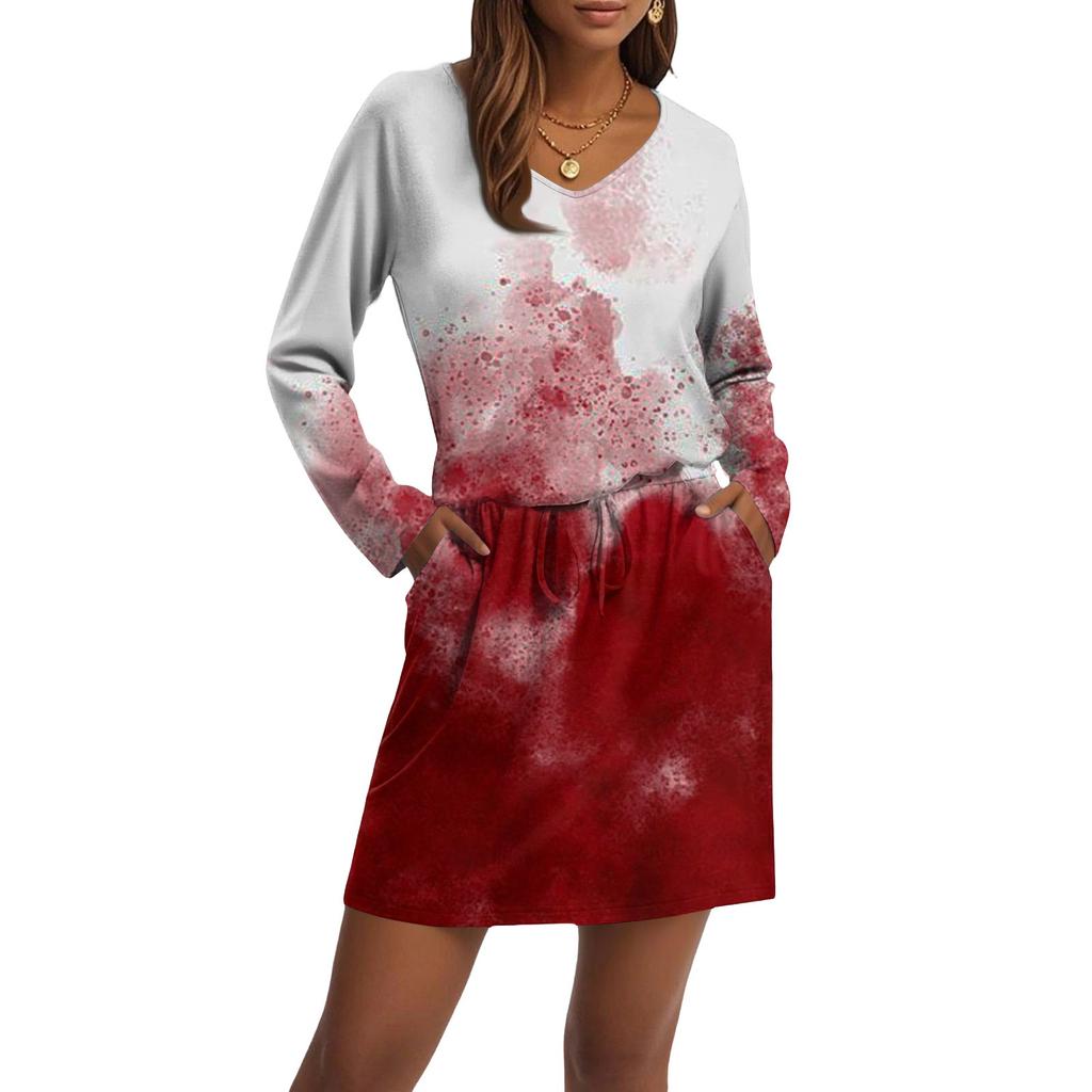 Women's Fashionable V-neck Long Sleeved Drawstring With Pocket Halloween Printed Casual Dress