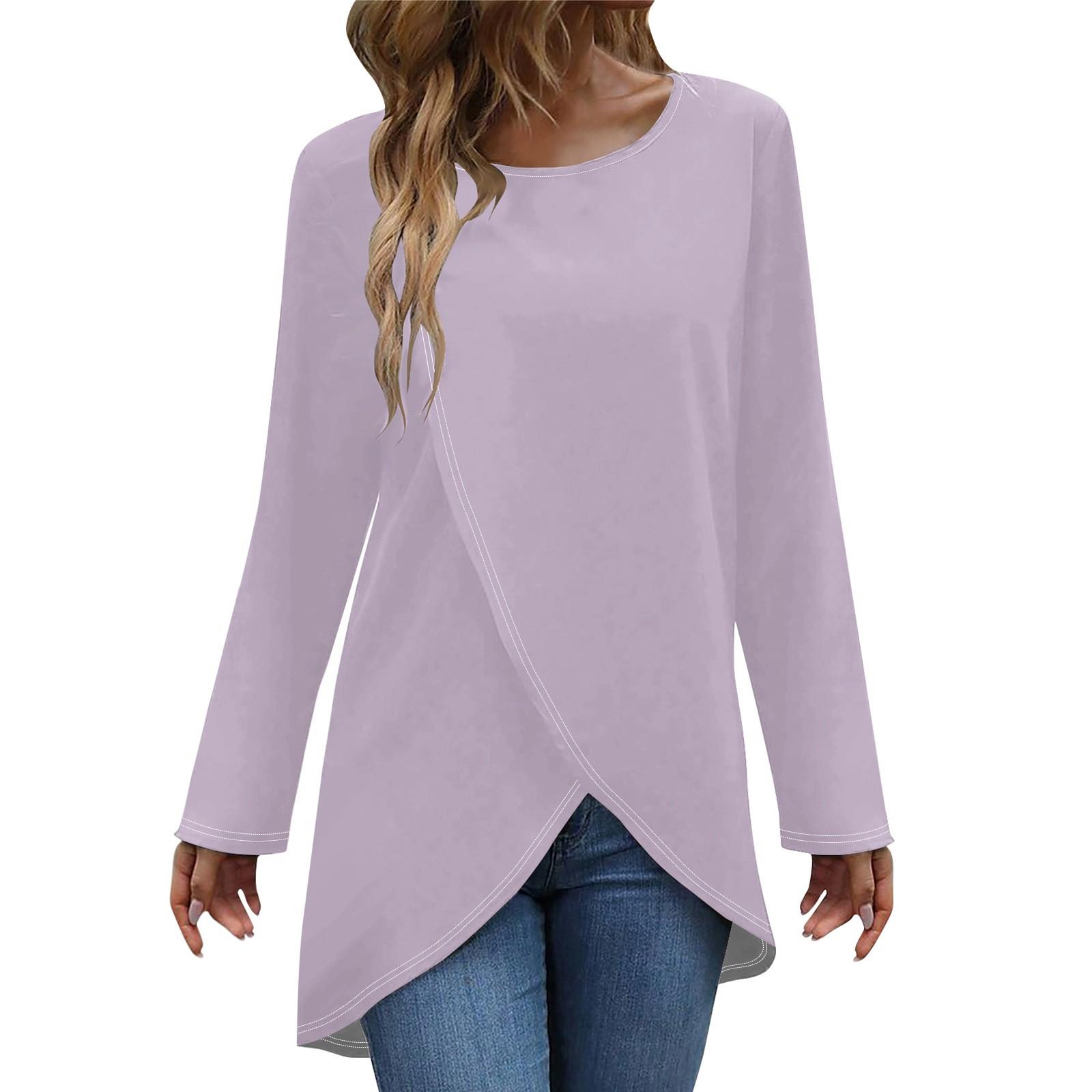 

Женская модная повседневная однотонная футболка с длинным рукавом и круглым вырезом с перекрестным подолом, топ XXL