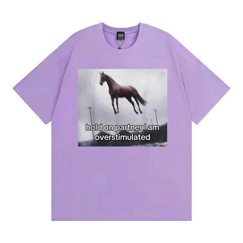 Hold On Partner I Am Overstimulated Horse T Shirt Funny Anxiety Meme Tshirts Men Women Fashion Casual Humor Short Sleeve Tshirt