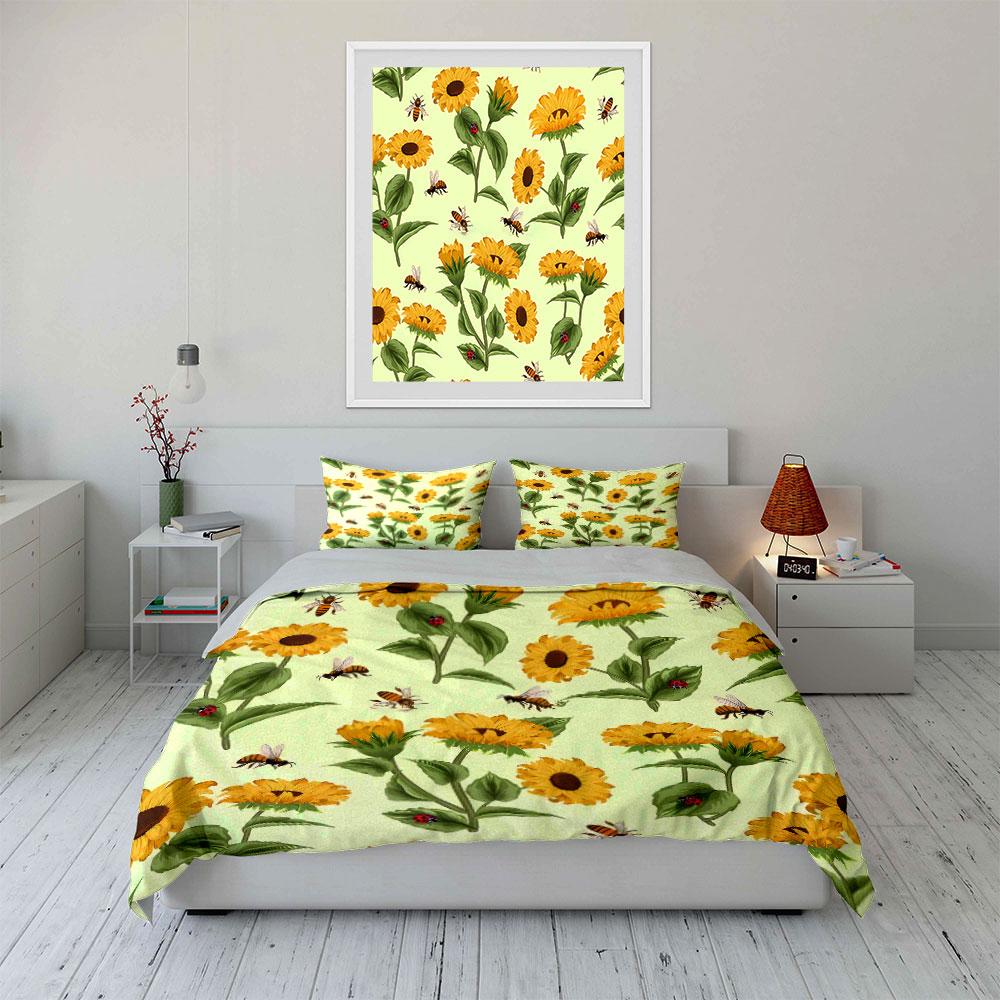 Sunflowers, leaves, bees, ladybugs. Bedding sets Duvet cover sets Duvet covers Pillowcases(1*Duvet Cover 2*Pillowcases without duvet insert)