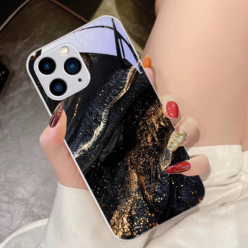 Dunkel Vergoldet Schwarz Für IPhone 16 Pro Max 15 Pro 14 13 12 Mini 11 XS Max XR 7 8 Plus SE 2022 Gehärtetes Glas Handyhülle