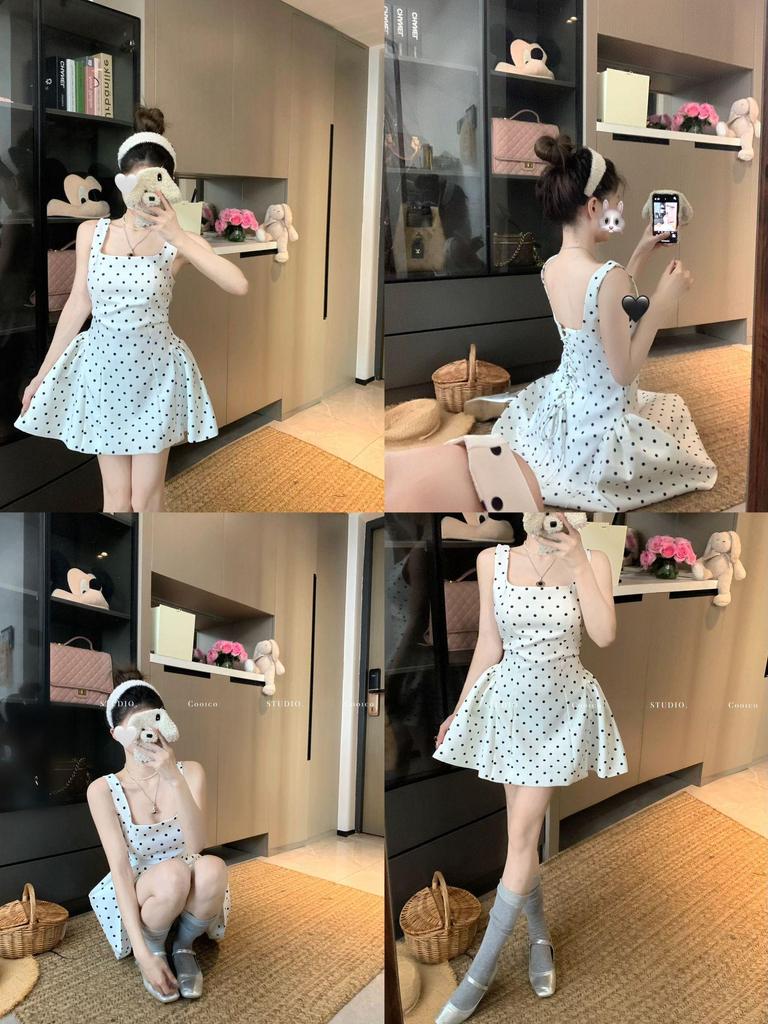 White Polka Dot Strappy Dress: Backless, Waist-Slimming, Puffy Skirt for Women