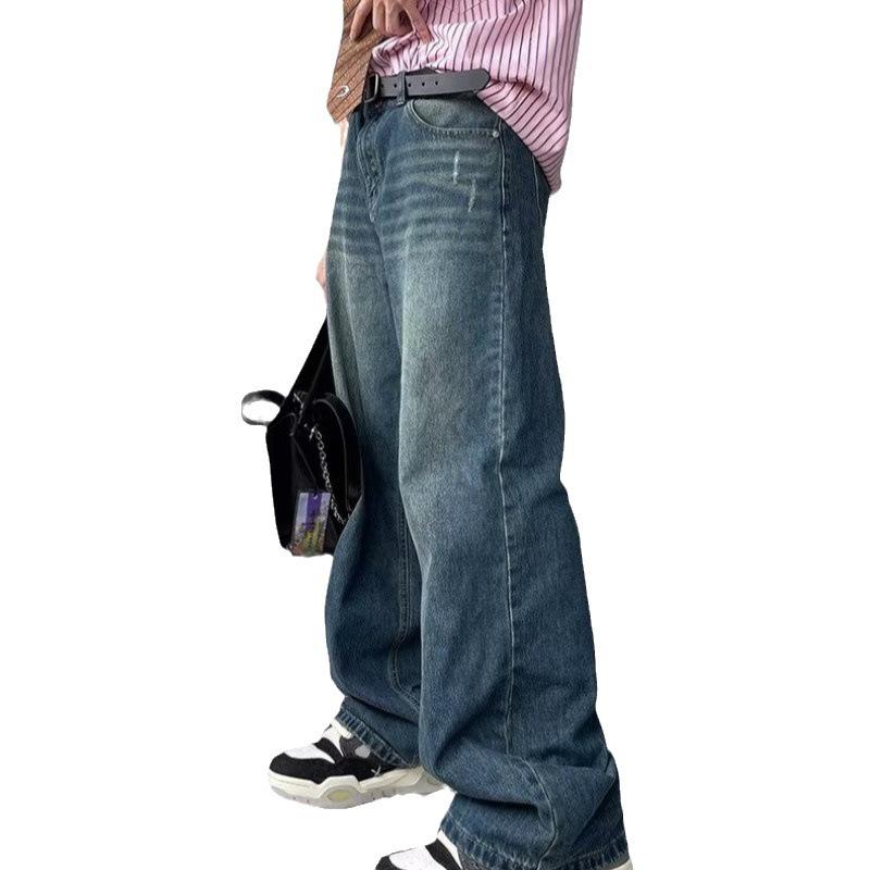 Men's Retro Washed Distressed Jeans, Korean Trendy High-Street Loose Straight Casual Trousers