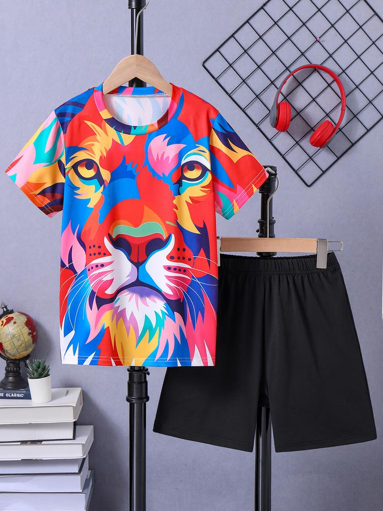 Directional Hot Selling Summer Boys' Colorful Lion Print Short-Sleeved Shorts Suit Casual Sports Style