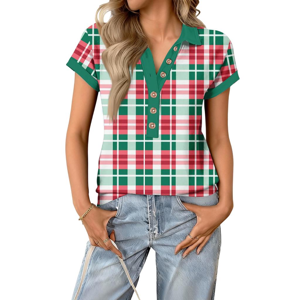 Women's fashionable and casual summer V,neck patchwork short,sleeved plaid print top