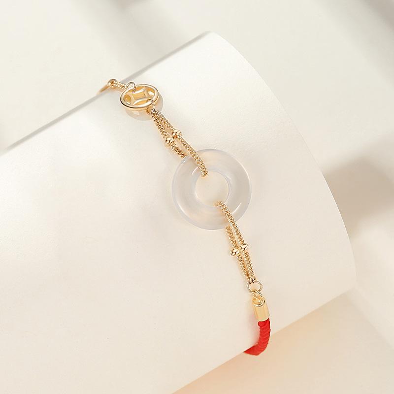S925 srebro bransoletka z zapięciem zabezpieczającym kobieta Retro chiński szykowny wisiorek z chalcedonu rok życia czerwona lina lina na rękę geometryczna biżuteria ręczna