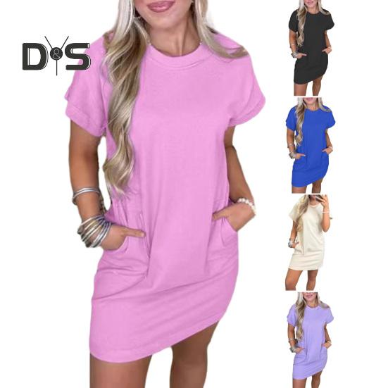 Women's Short Sleeve T-shirt Dress Casual Crew Neck Short Dress with Pockets Summer Mini Shift Dress