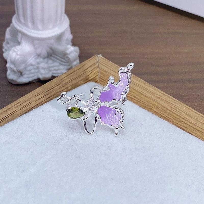 Enamel Oil Drop Flower Butterfly Opening Ring Niche Design Light Luxury High Sense Zircon Personality Ring Woman