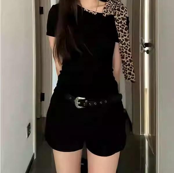 

Plus Size One-Shoulder Leopard Print Lace-Up T-Shirt - American Spicy Girl Summer Style, Slimming & Age-Reducing Design XXL чёрный