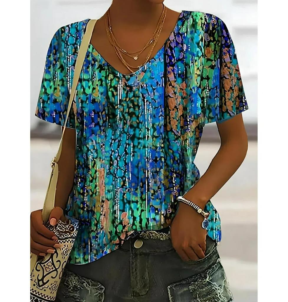 Plus Size Women's T-shirt Vintage Flower Graphics Fashion Short Sleeved V-Neck Tops Summer Casual Tees Women Clothing