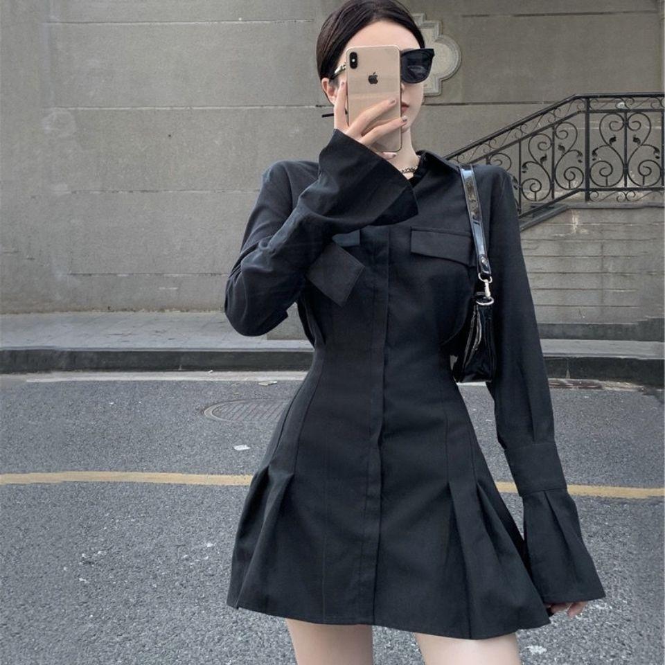 Autumn Women's Long-sleeved Shirt New A-line Shirt Black Skinny Design Sexy Dress