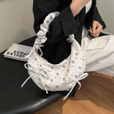 Ditsy Floral Bow Women Crossbody Shoulder Bag,Pleated Canvas Underarm Tote Bag,Petite Floral Print Sweet Handbag,Large Capacity