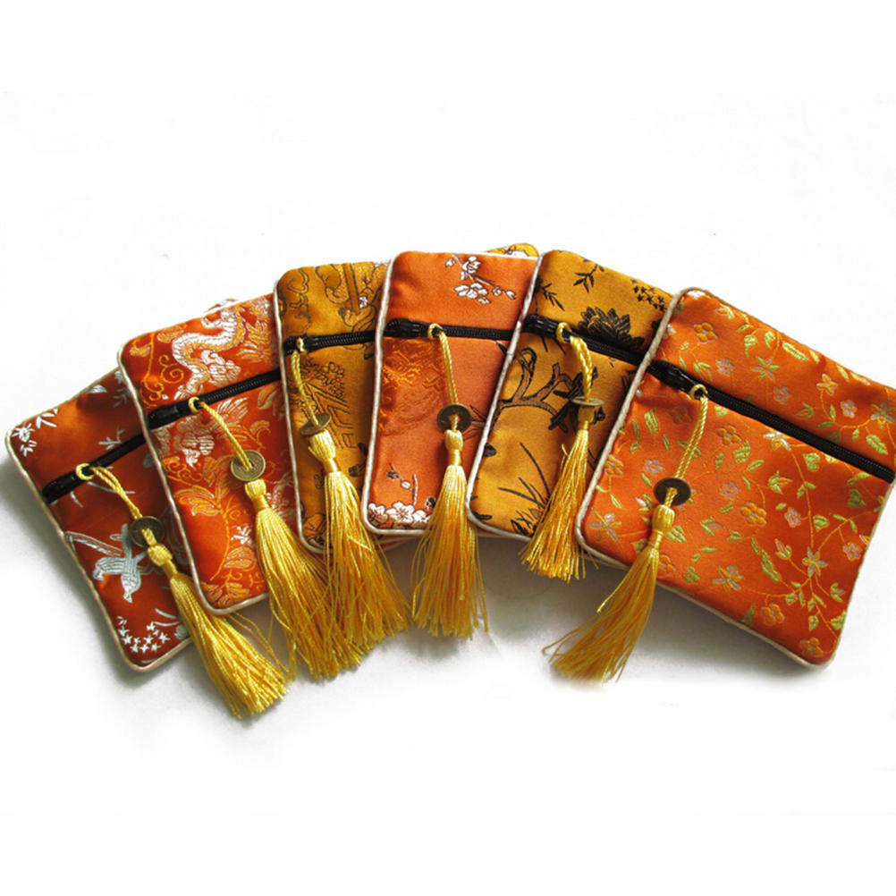 10Pcs Mix Colors Chinese Zipper Coin Tassel Silk Square Jewelry Bags Pouches